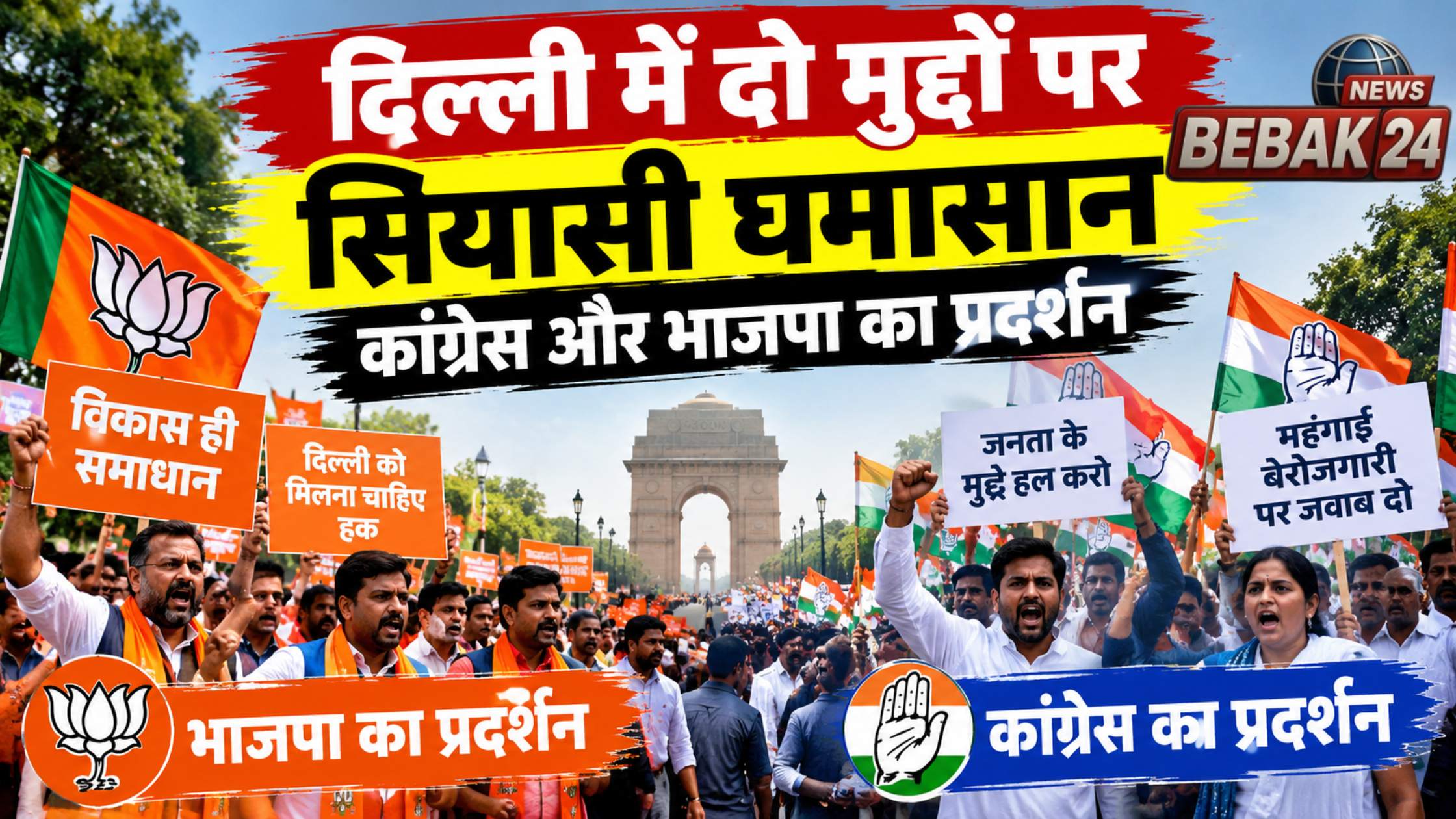 दिल्ली में दो मुद्दों पर सियासी घमासान, कांग्रेस और भाजपा का प्रदर्शन